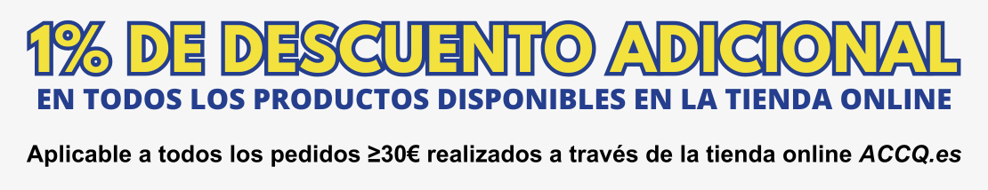 1% de descuendo adicional en todos los productos disponibles en la tienda online. Aplicable a todos los pedidos ≥30€ realizados a través de la tienda online ACCQ.es El descuento se aplica en el carrito de compra y la tramitación del pedido.